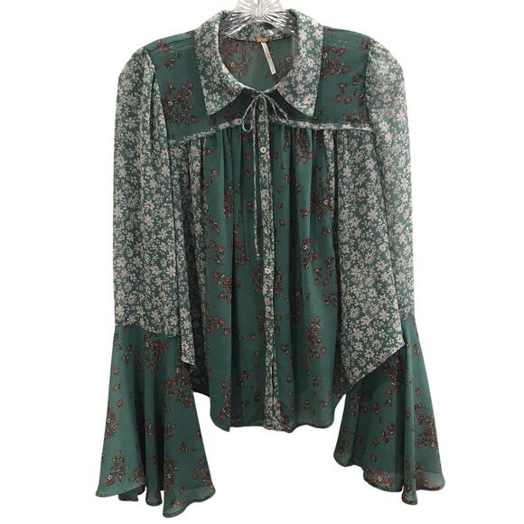 Free People Serena Floral Bell Sleeve Blouse Top Patchwork Button Green Small - Picture 2 of 12